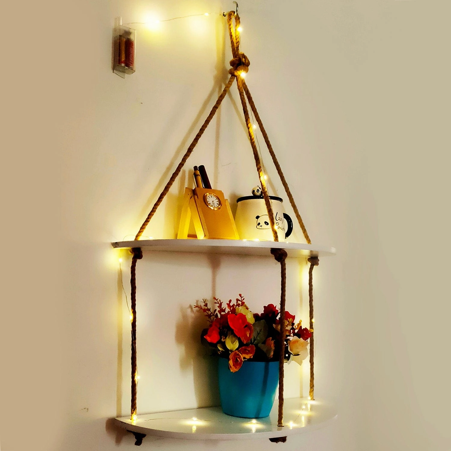 Wood Half Oval White Wall Hanging Wall self with LED Light