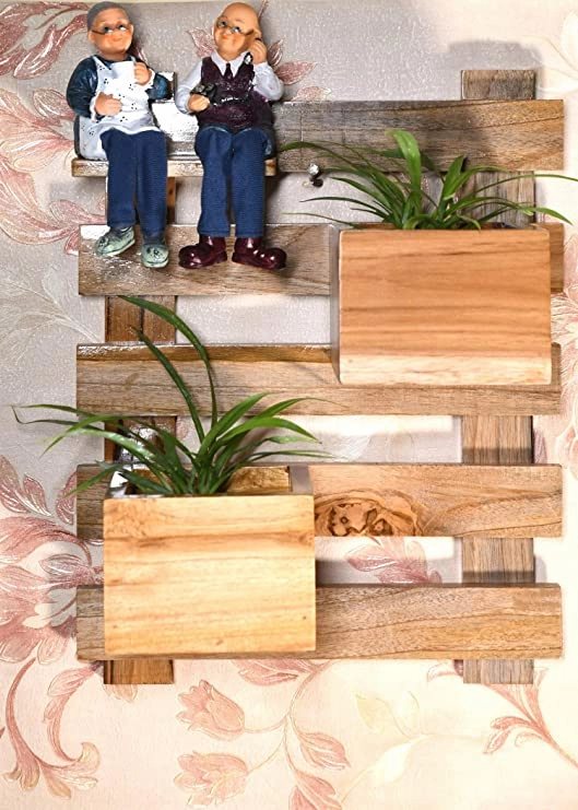 Wood Hook Holder With Plant Containers Pot And Figurines (30 x 13 x 49cm)