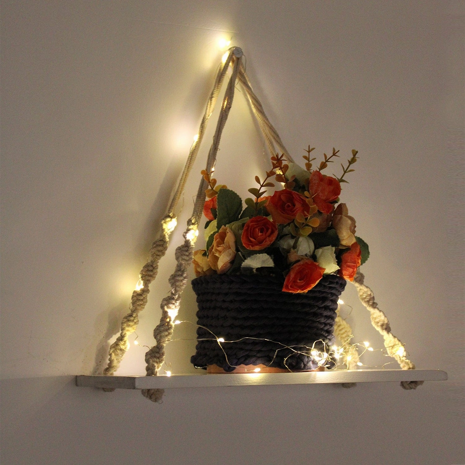 Wood Knotting Wall Hanging Shelf With LED Light