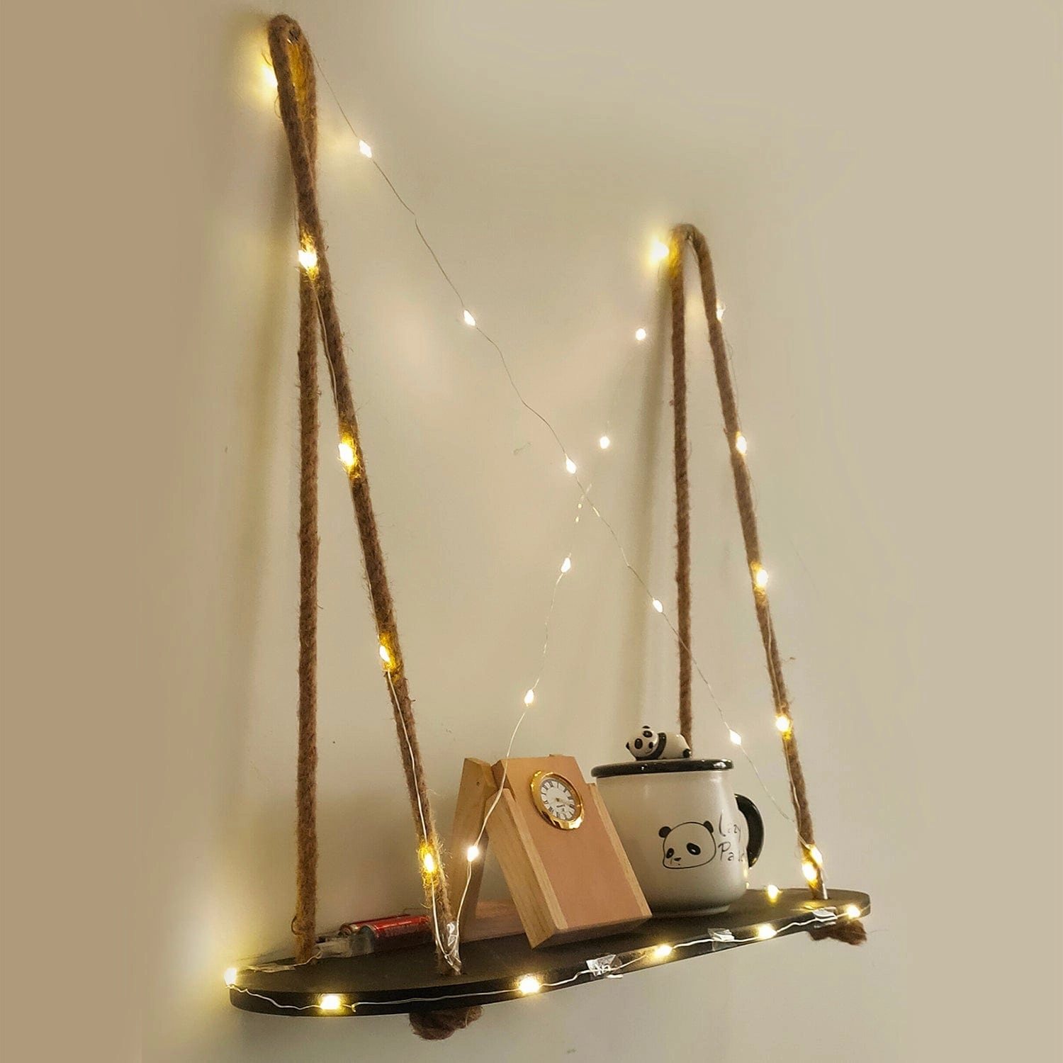 Wood Rectangle Oval Black Wall Hanging Wall Shelf With LED Light