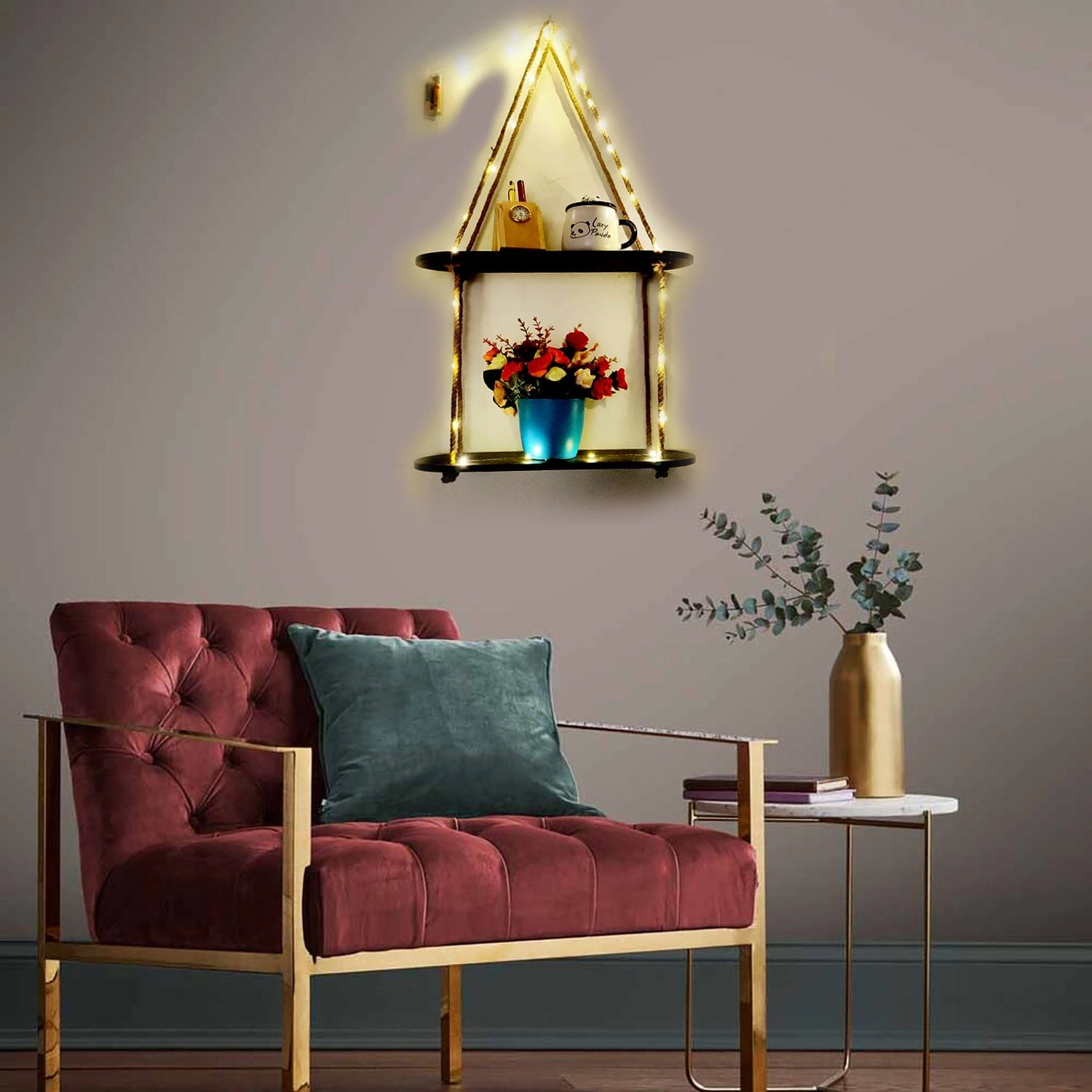 Wood Rectangle Oval Black Wall Hanging Wall Shelf With LED Light