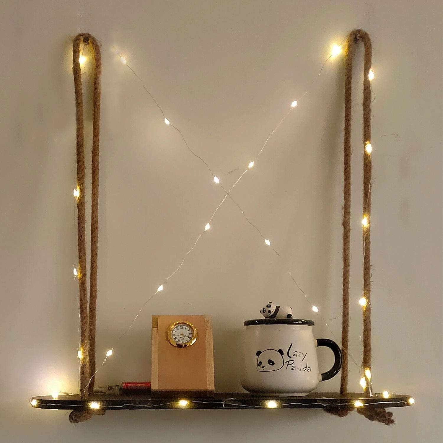 Wood Rectangle Oval Black Wall Hanging Wall Shelf With LED Light