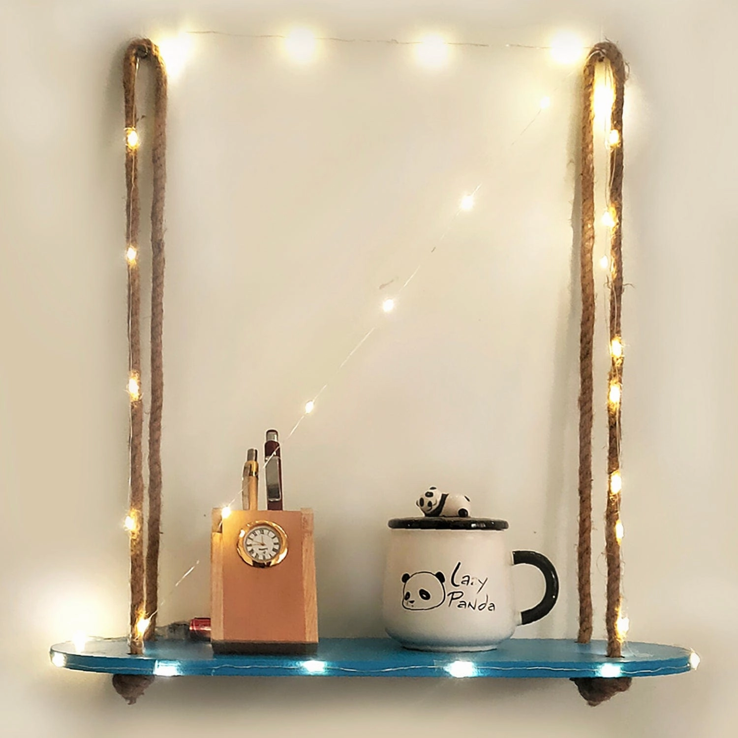 Wood Rectangle Oval Blue Wall Hanging Wall Shelf With LED Light