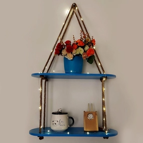 Wood Rectangle Oval Blue Wall Hanging Wall Shelf With LED Light cactus succulent plant  