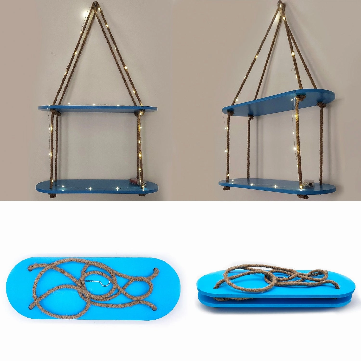 Wood Rectangle Oval Blue Wall Hanging Wall Shelf With LED Light