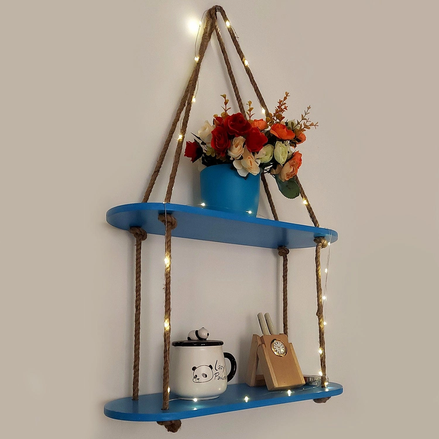 Wood Rectangle Oval Blue Wall Hanging Wall Shelf With LED Light