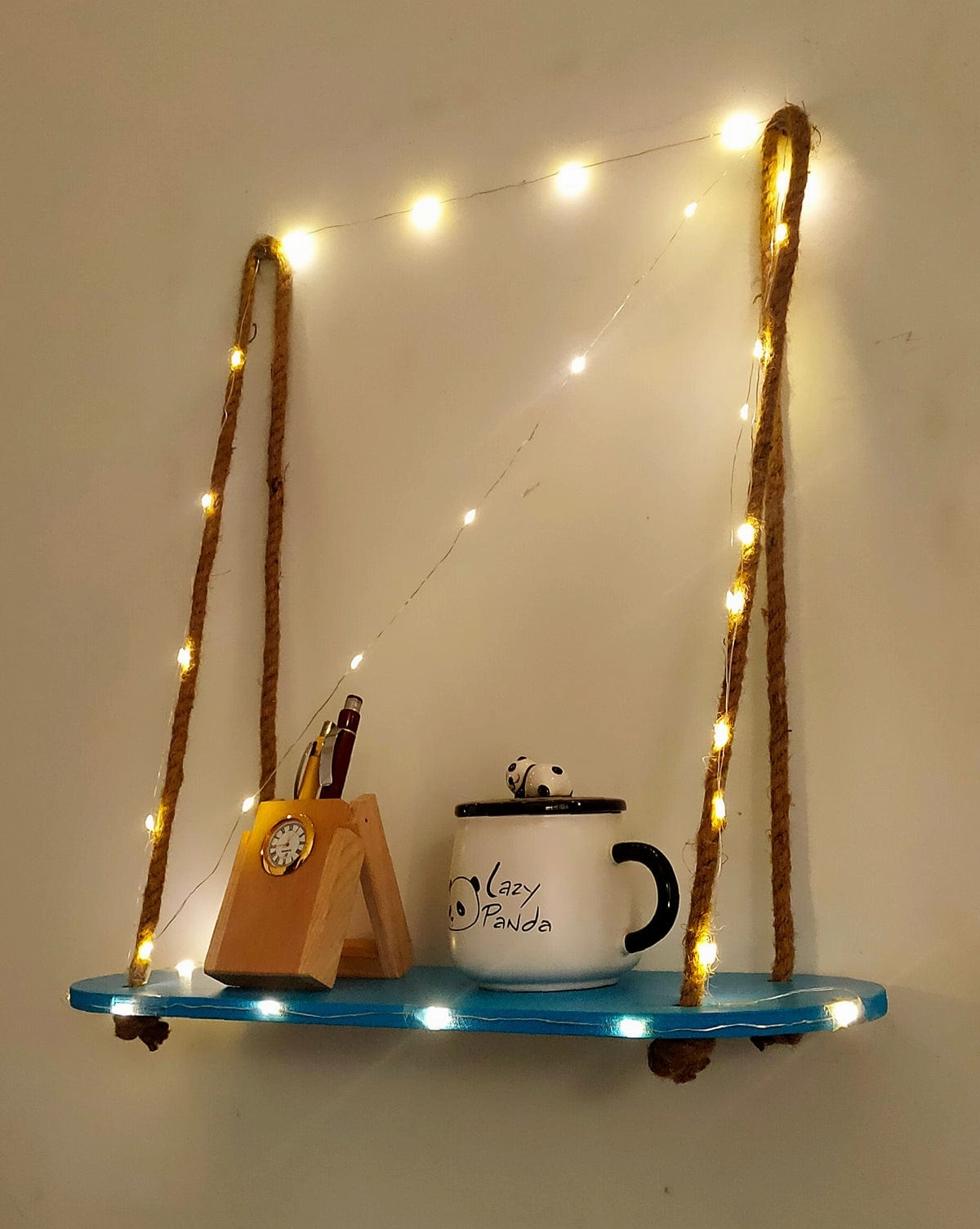 Wood Rectangle Oval Blue Wall Hanging Wall Shelf With LED Light