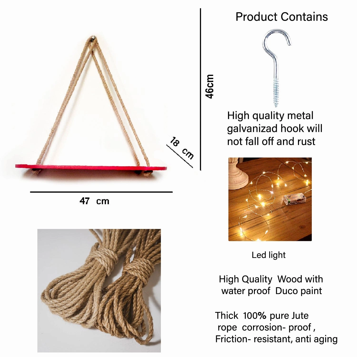 Wood Rectangle Oval Maroon 1 Layer Wall Hanging Shelf With LED Light