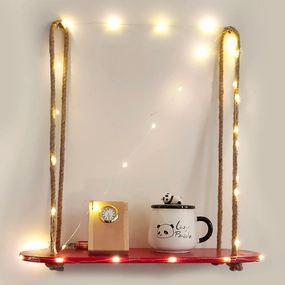 Wood Rectangle Oval Maroon 1 Layer Wall Hanging Shelf With LED Light cactus succulent plant  