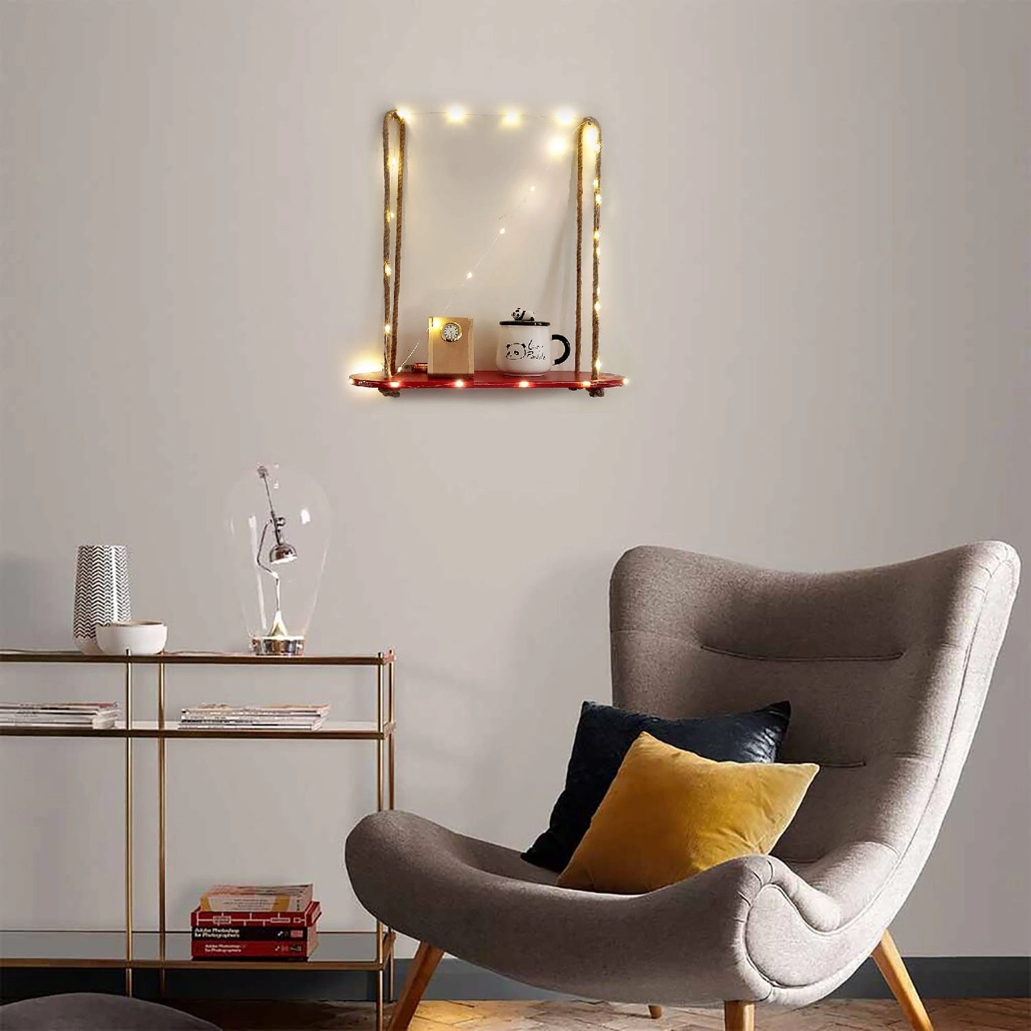 Wood Rectangle Oval Maroon 1 Layer Wall Hanging Shelf With LED Light