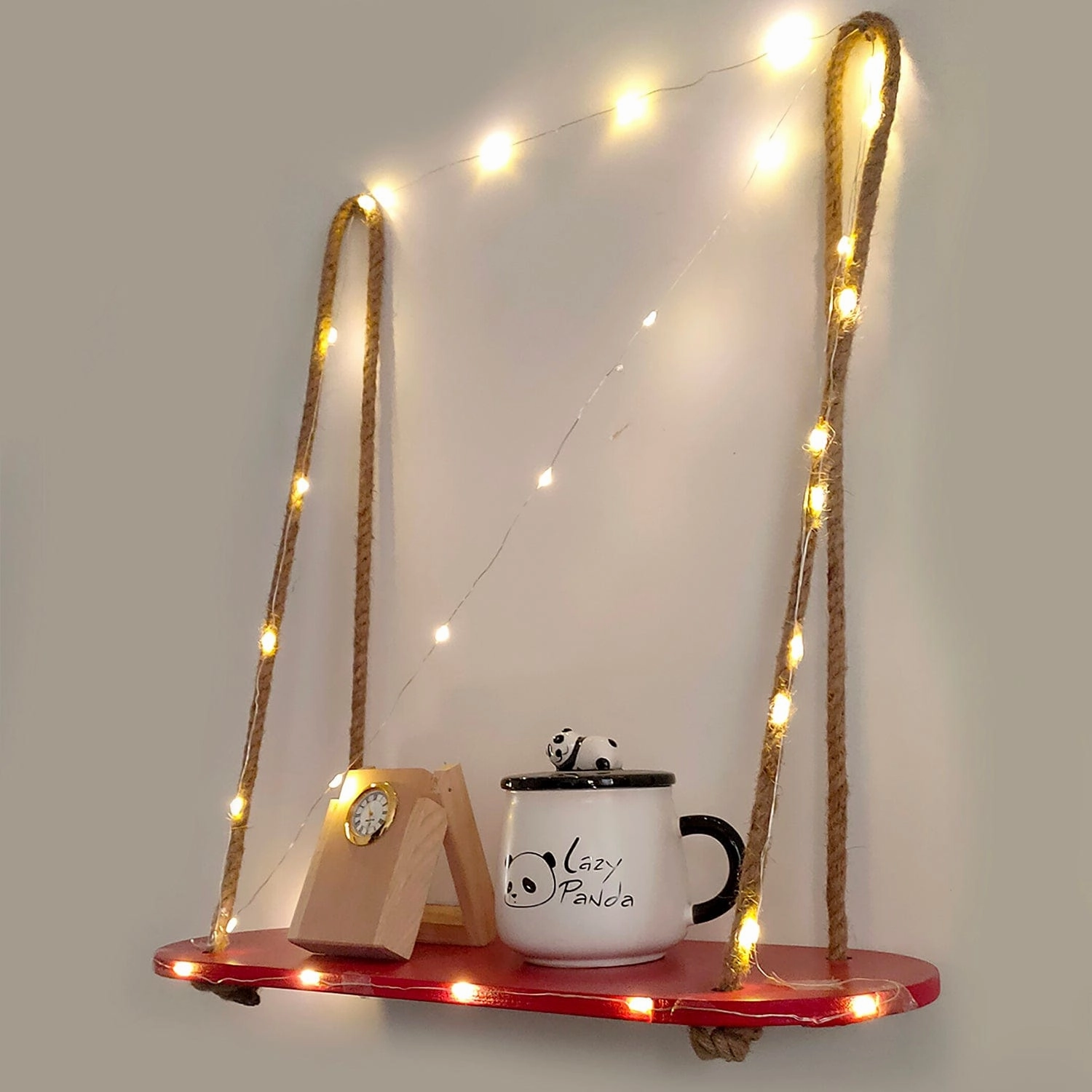 Wood Rectangle Oval Maroon 1 Layer Wall Hanging Shelf With LED Light