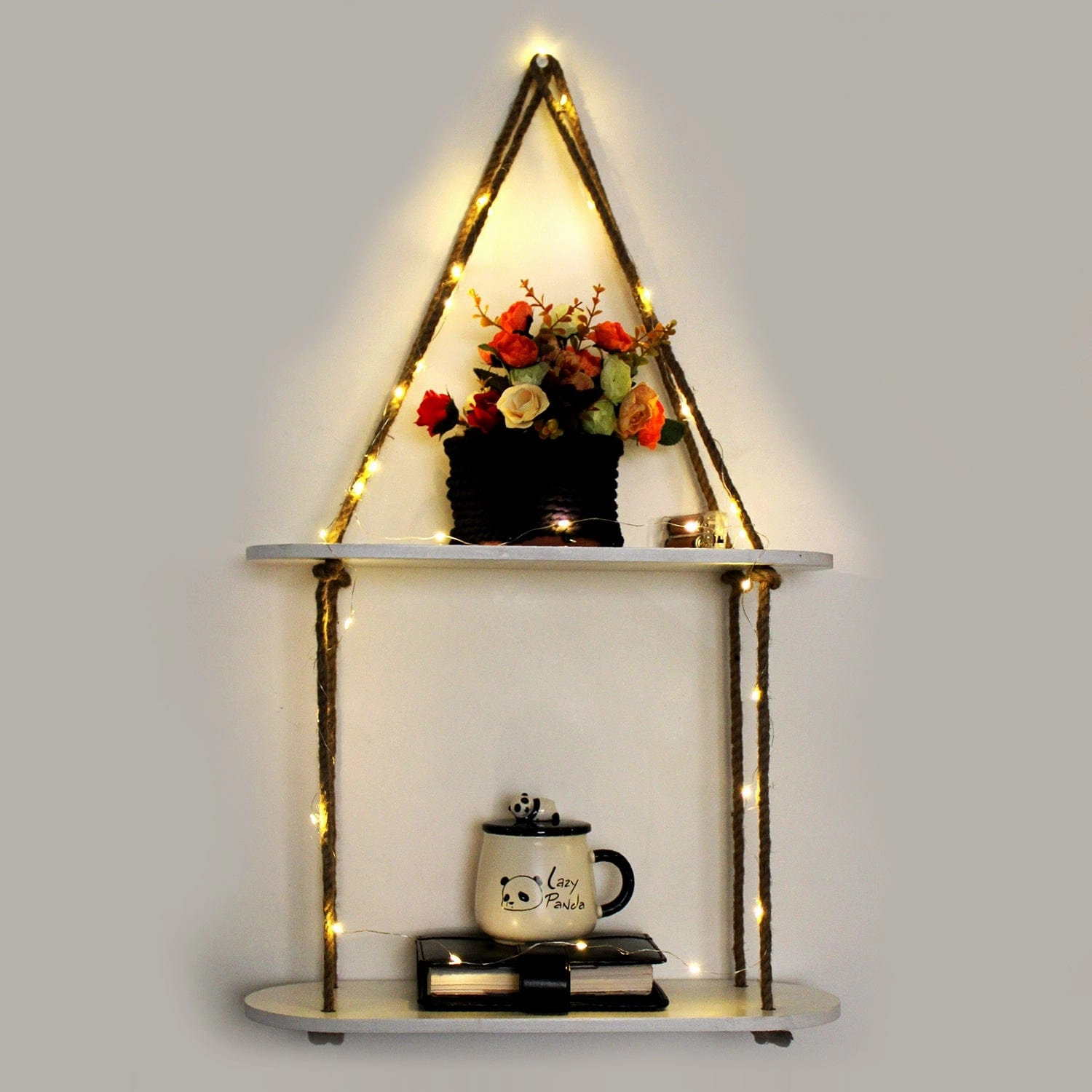 Wood Rectangle Oval White Wall Hanging Wall Shelf With LED Light cactus succulent plant  