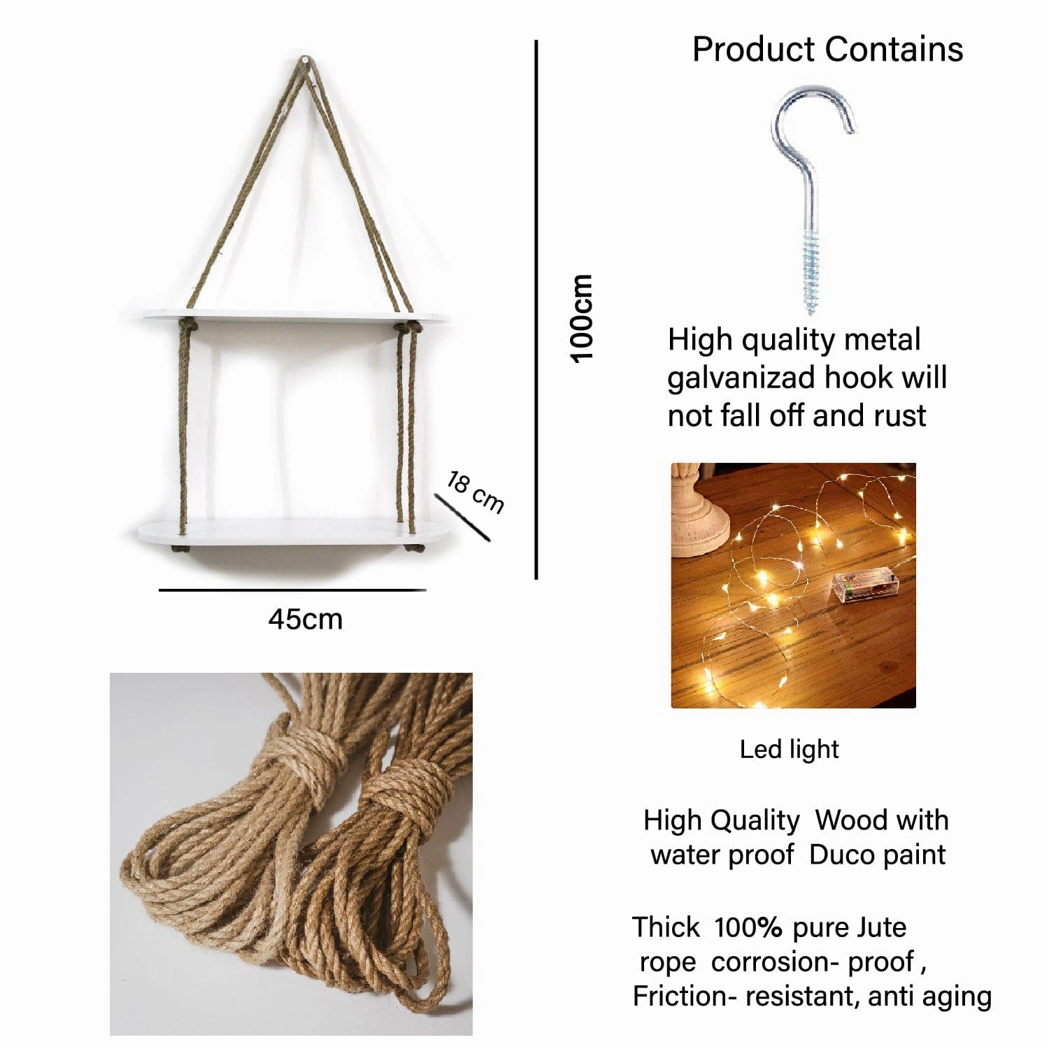 Wood Rectangle Oval White Wall Hanging Wall Shelf With LED Light