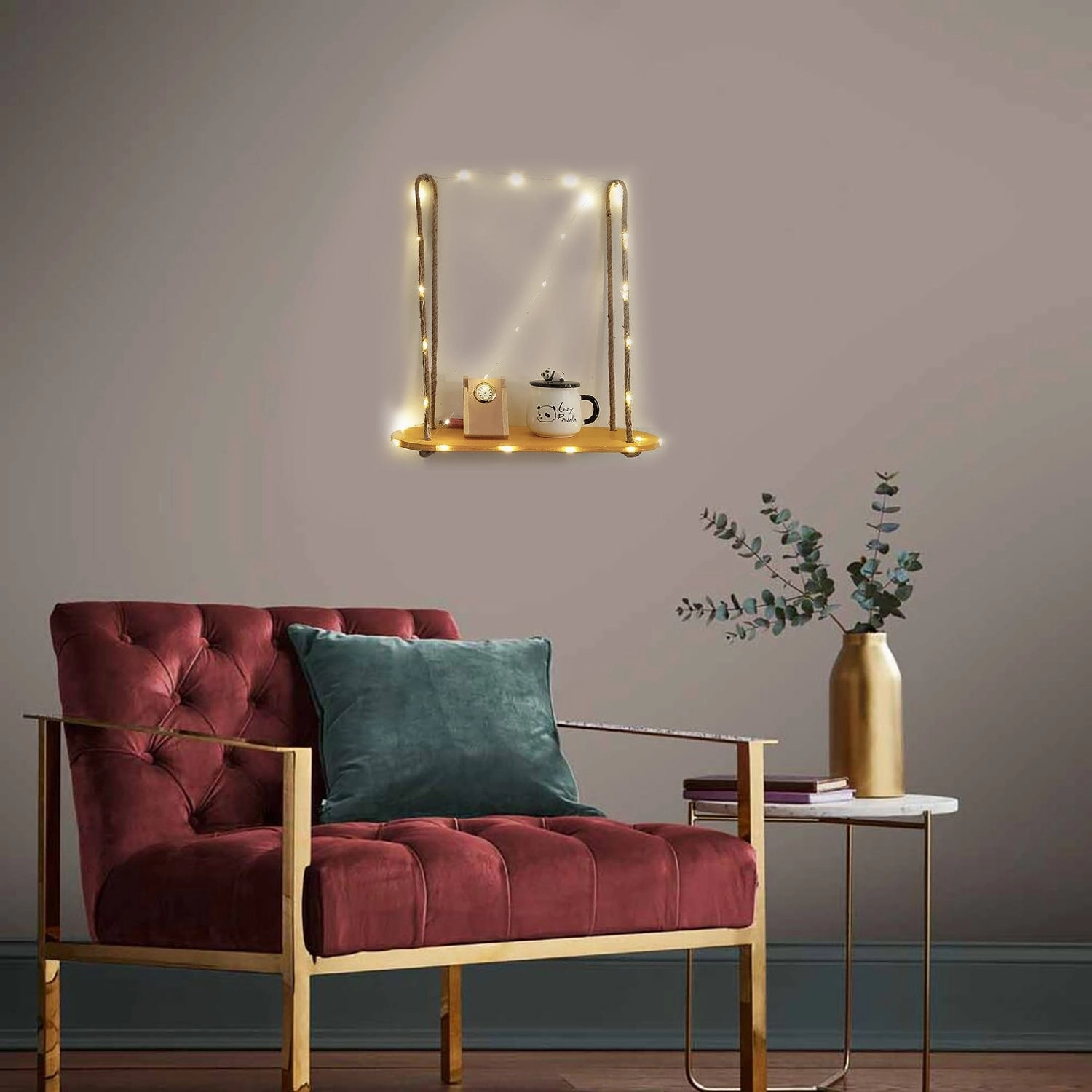 Wood Rectangle Oval Yellow Wall Hanging Wall Shelf With LED Light