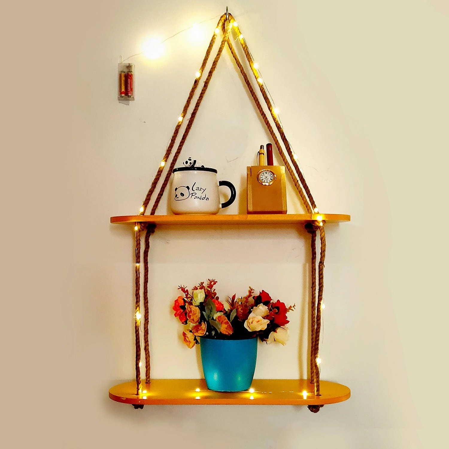Wood Rectangle Oval Yellow Wall Hanging Wall Shelf With LED Light cactus succulent plant  