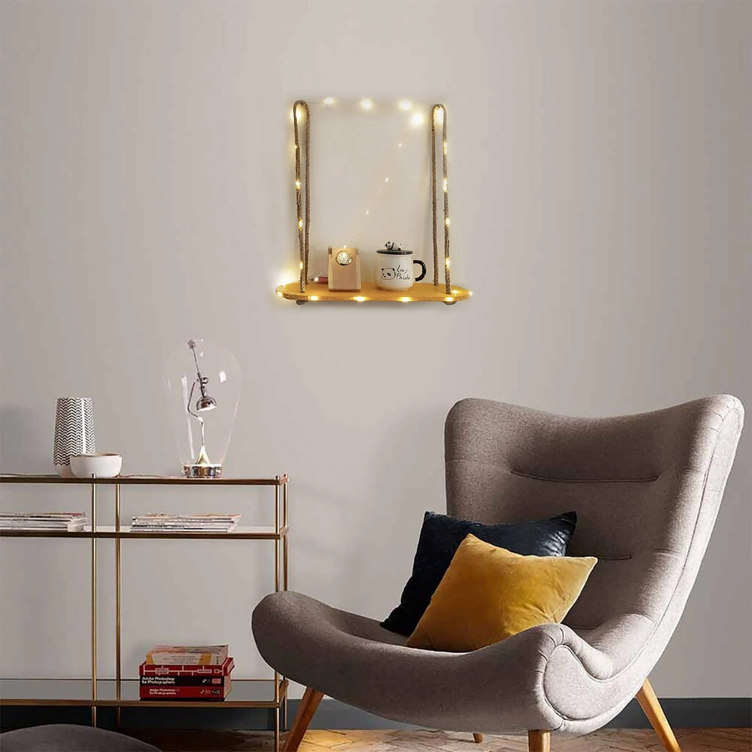 Wood Rectangle Oval Yellow Wall Hanging Wall Shelf With LED Light