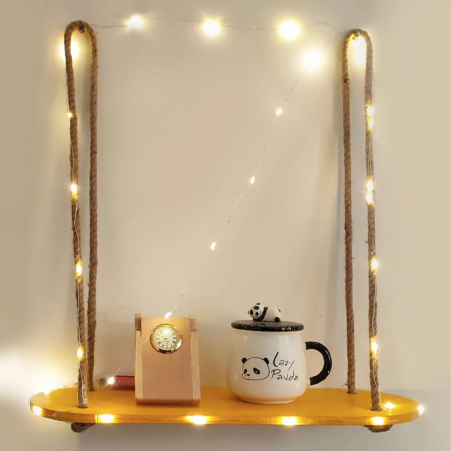 Wood Rectangle Oval Yellow Wall Hanging Wall Shelf With LED Light