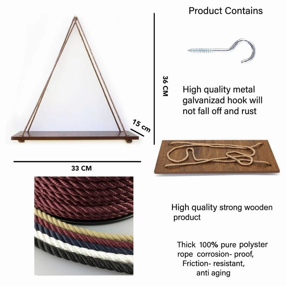 Wooden 1 Layer Wall Shelf With Golden Jute Rope