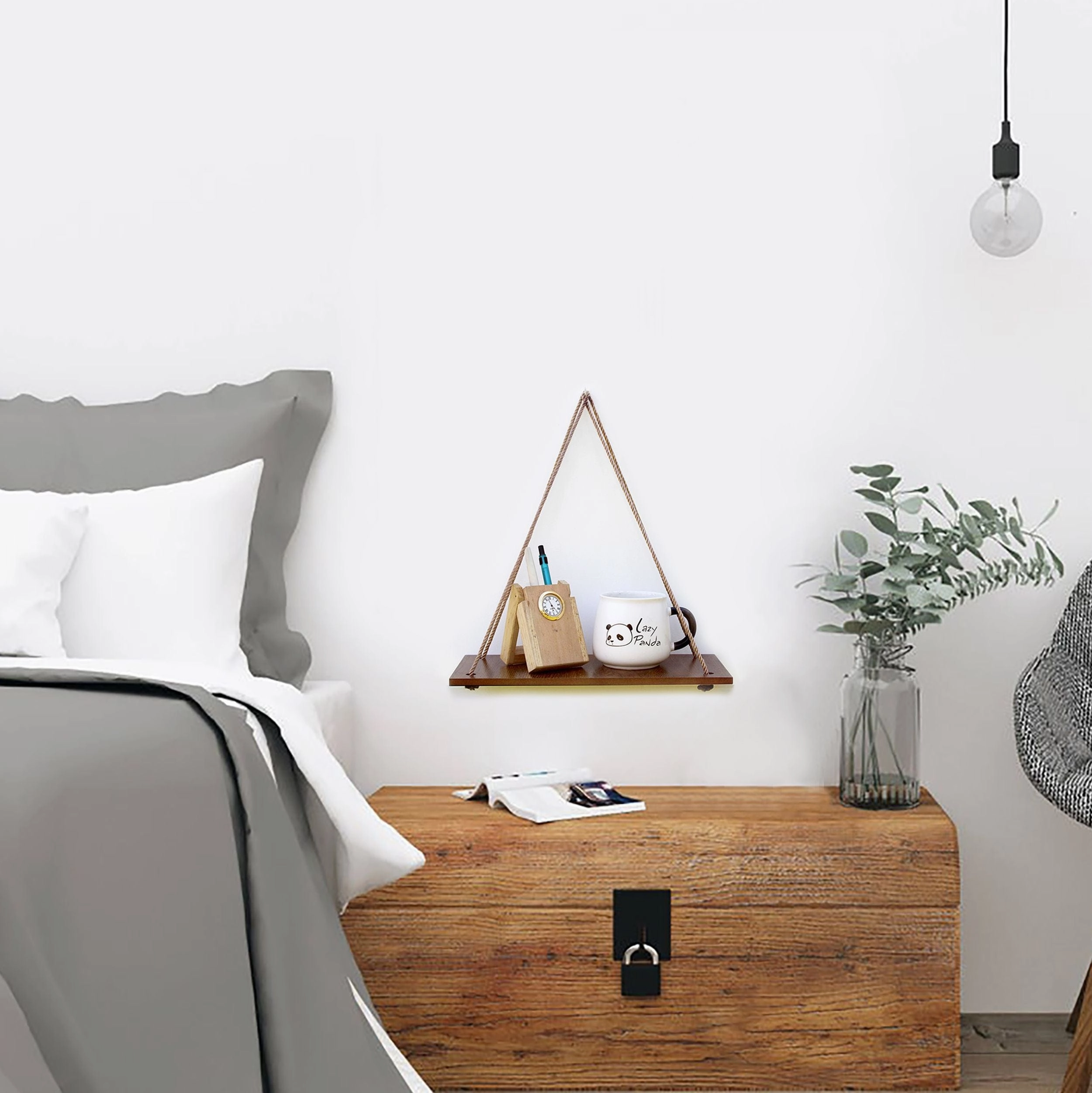 Wooden 1 Layer Wall Shelf With Golden Jute Rope