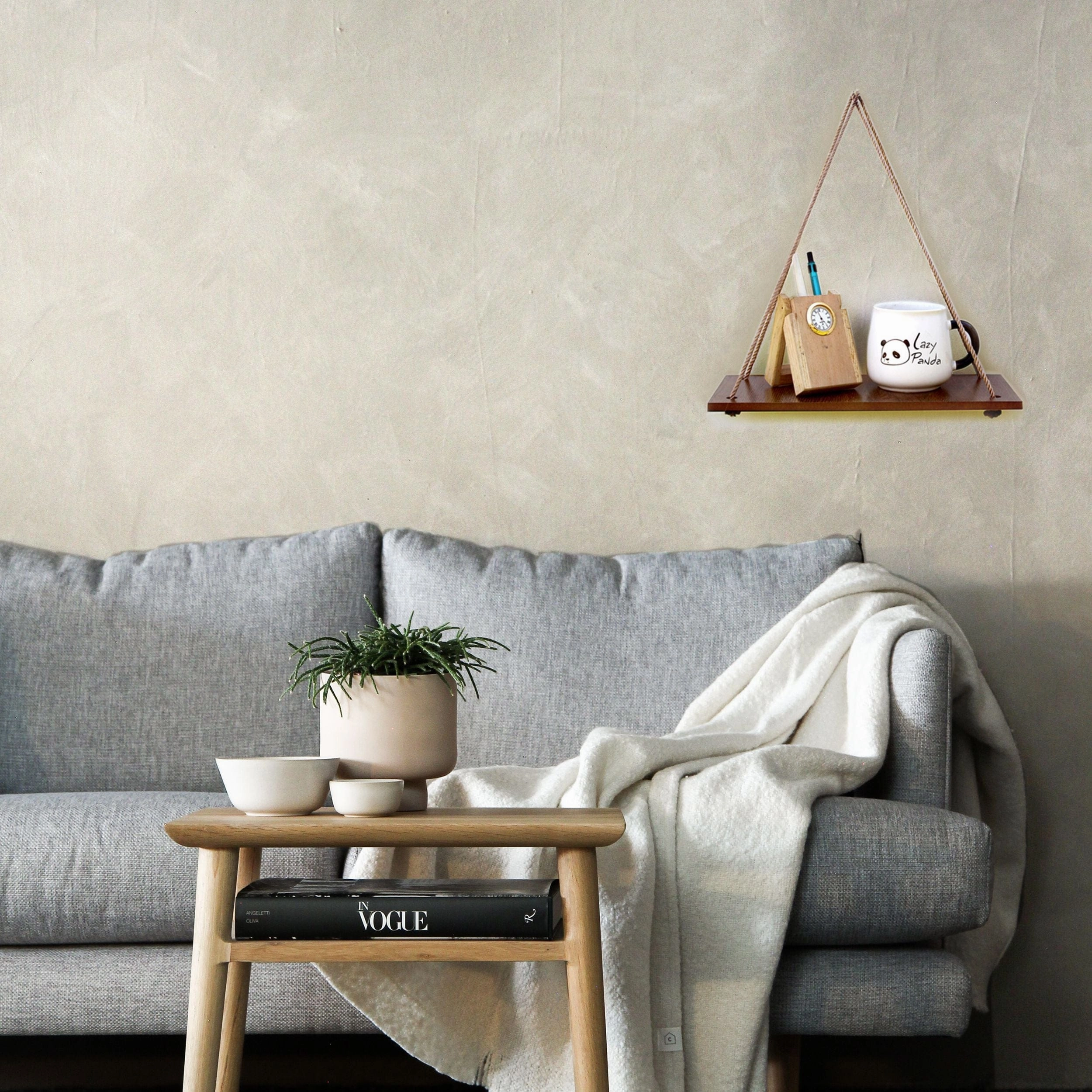Wooden 1 Layer Wall Shelf With Golden Jute Rope