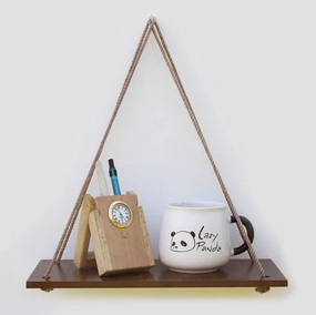 Wooden 1 Layer Wall Shelf With Golden Jute Rope cactus succulent plant  