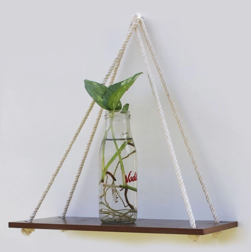 Wooden 1 Layer Wall Shelf With White Jute Rope