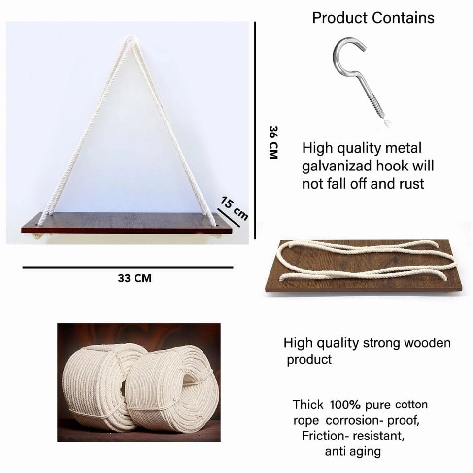 Wooden 1 Layer Wall Shelf With White Jute Rope