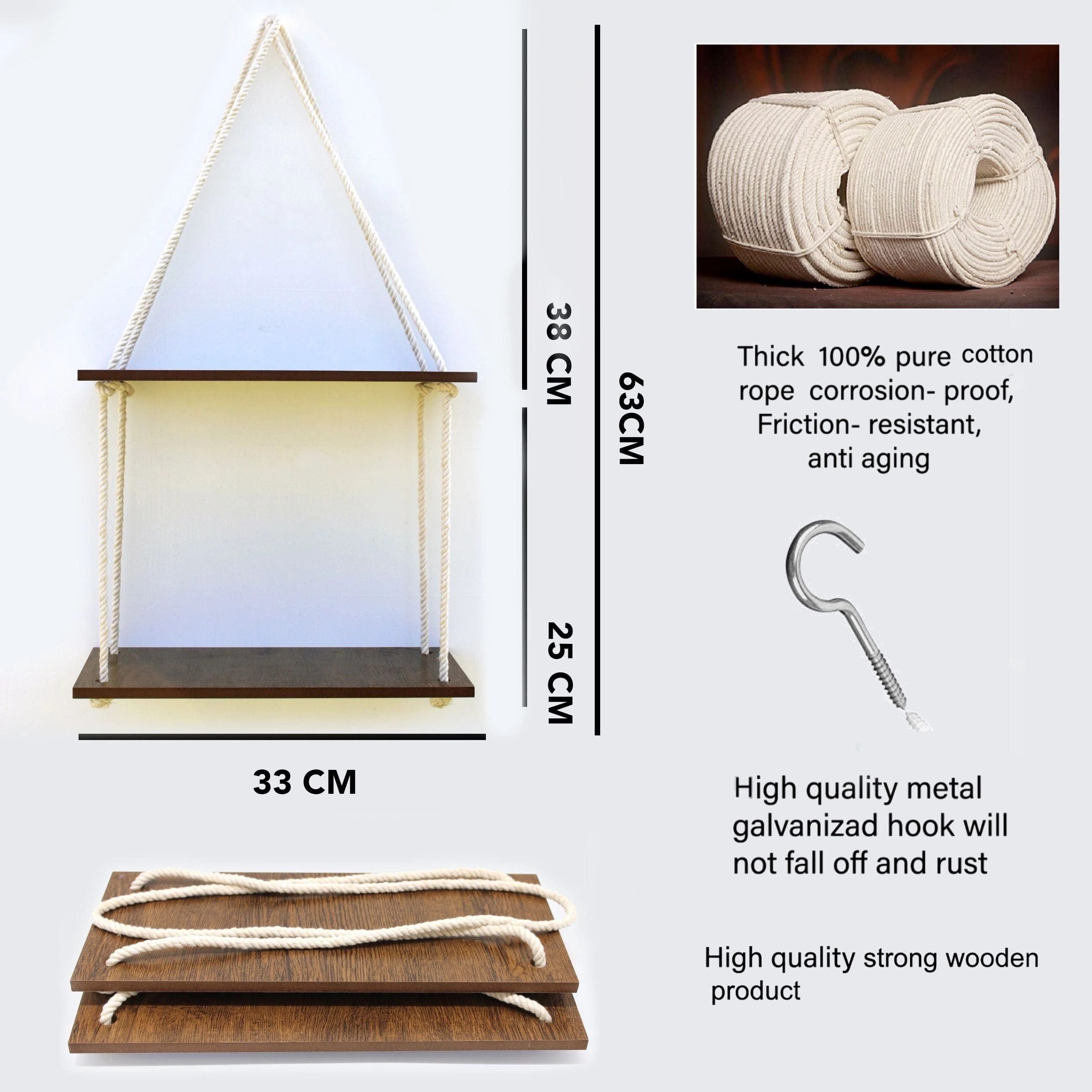 Wooden 2 Layer Wall Shelf With White Jute Rope