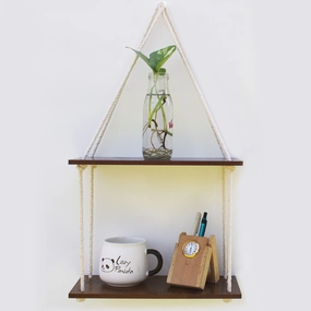 Wooden 2 Layer Wall Shelf With White Jute Rope cactus succulent plant  