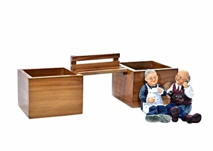 Wooden Bench Decorative Planter with Two Pots & Old Couple Figurines (37x12x12 cm)