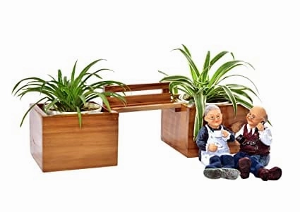 Wooden Bench Decorative Planter with Two Pots & Old Couple Figurines (37x12x12 cm)