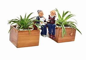 Wooden Bench Decorative Planter with Two Pots & Old Couple Figurines (37x12x12 cm) classic flowerpot  