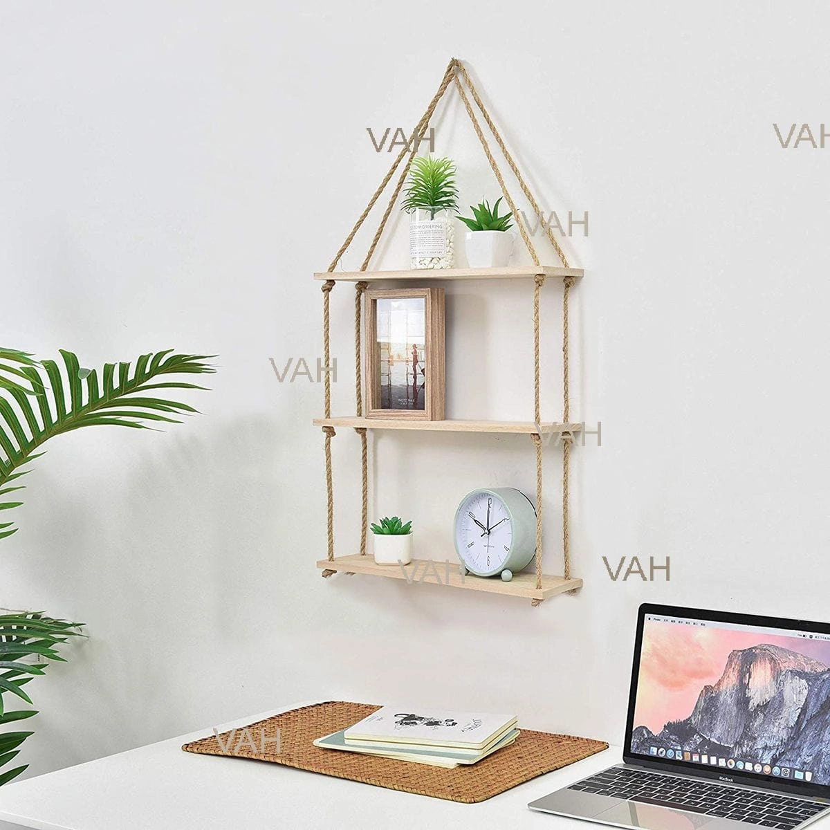 Wooden Floating Wall Shelf with Rope, Brown