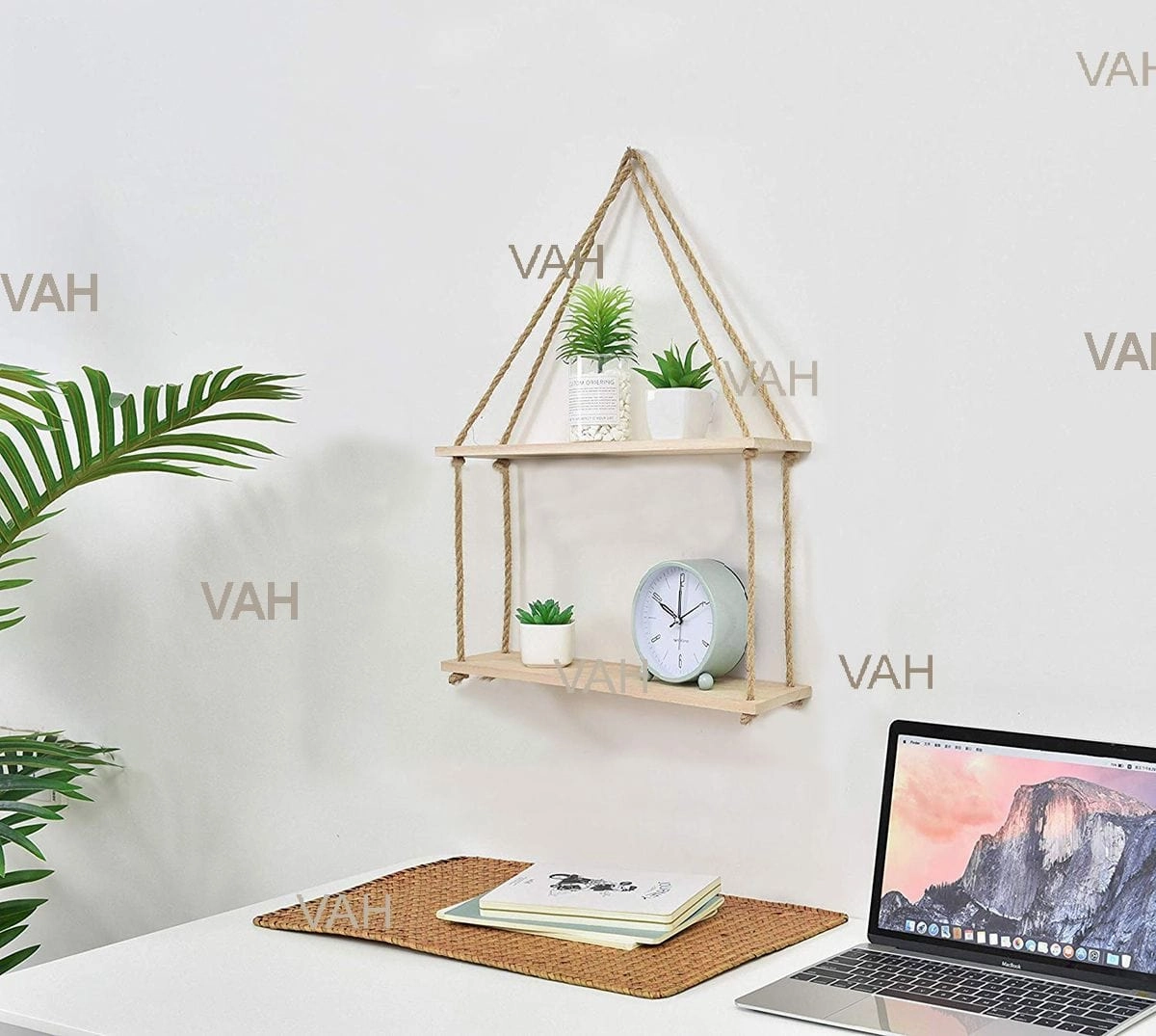 Wooden Floating Wall Shelf with Rope, Brown