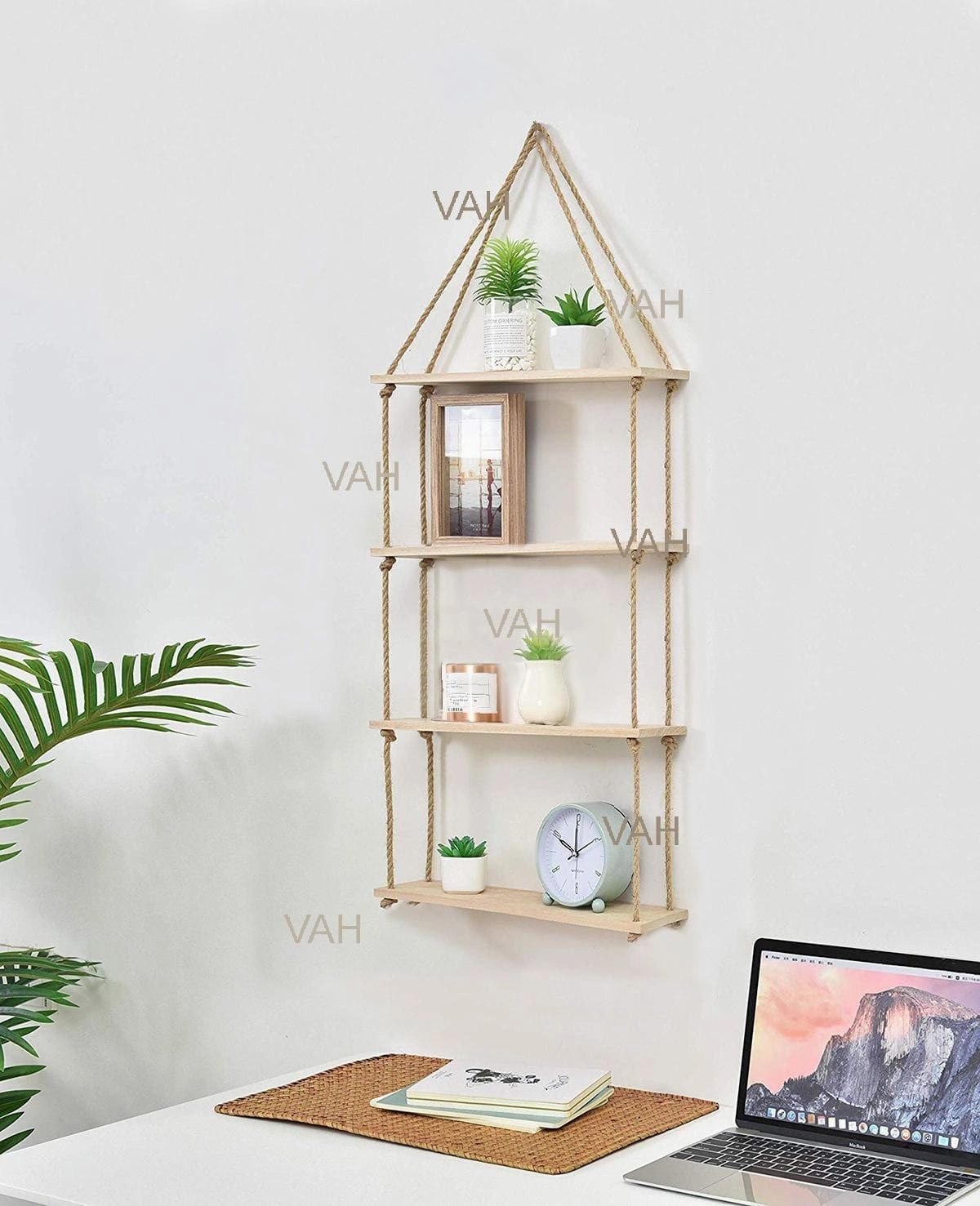 Wooden Floating Wall Shelf with Rope, Brown