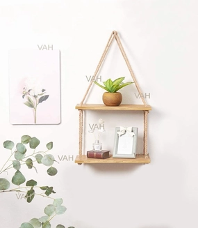 Wooden Floating Wall Shelf with Rope, Brown cactus succulent plant  