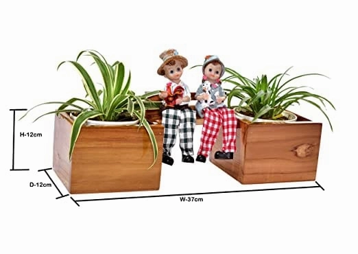 Wooden Planter Pots with Boy and Girl Figurines (37 X 12 X 12 cm)