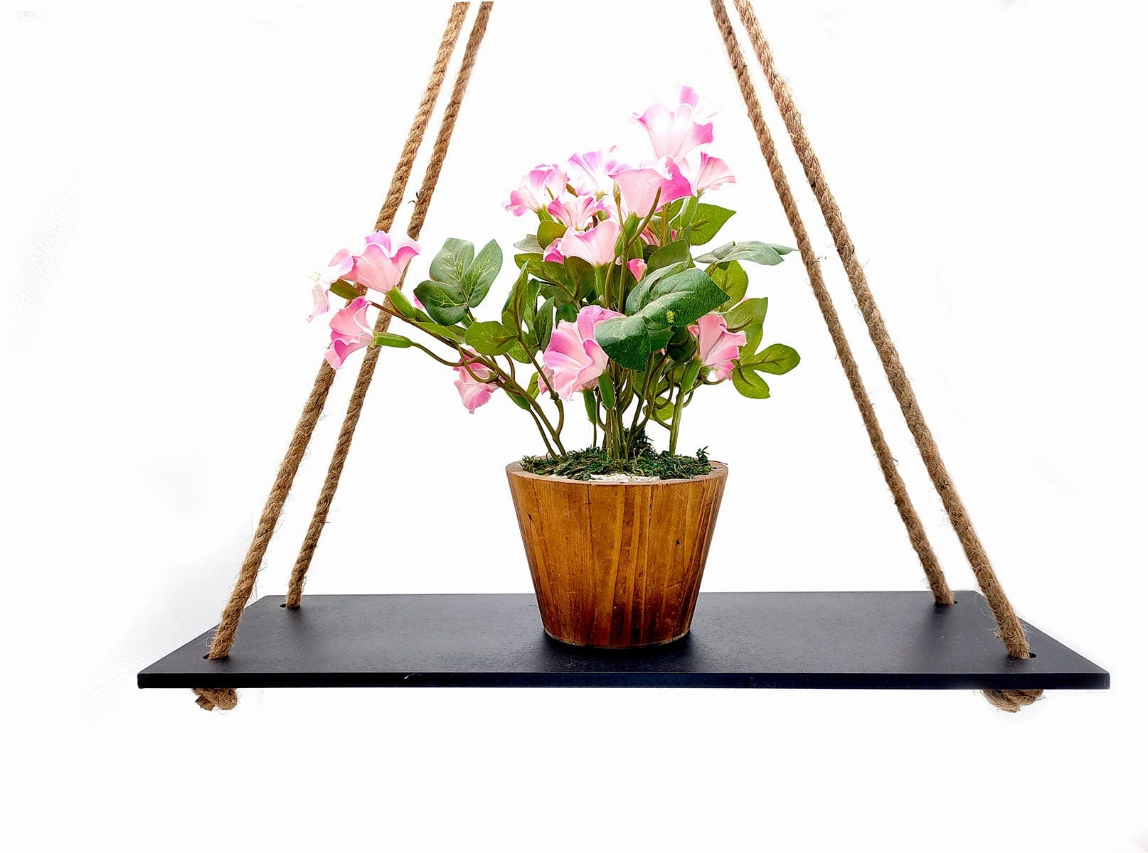 Wooden Wall Hanging Black Shelf With Wall Rustic Brown Plain Rope