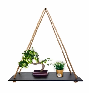 Wooden Wall Hanging Black Shelf With Wall Rustic Brown Plain Rope cactus succulent plant  