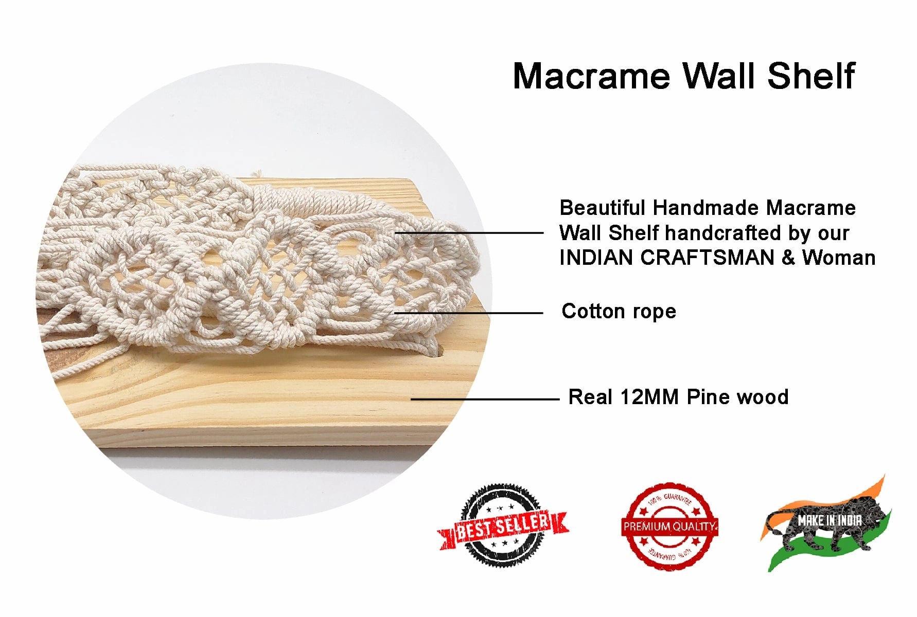 Wooden Wall Hanging Shelves With Macrame, Brown (Tier-1)