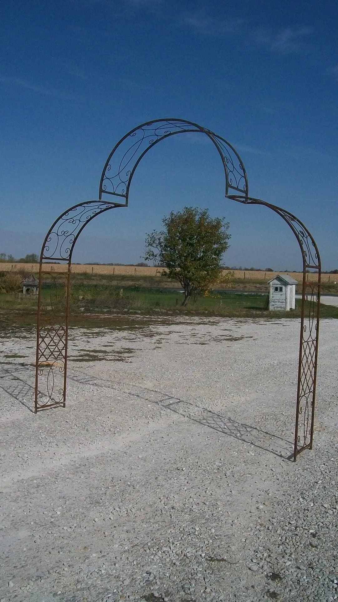 Wrought Iron Driveway Arch XX's & Curls Wide Arbor dried flower branch  