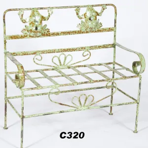 Wrought Iron Miniature Small Bench with 2 Frogs dried flower branch  
