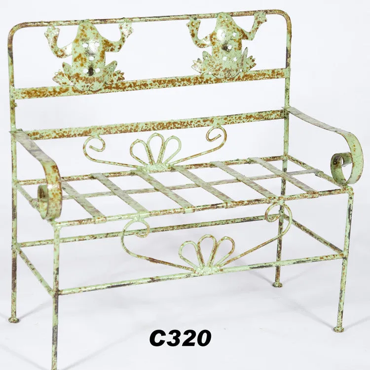Wrought Iron Miniature Small Bench with 2 Frogs dried flower branch  