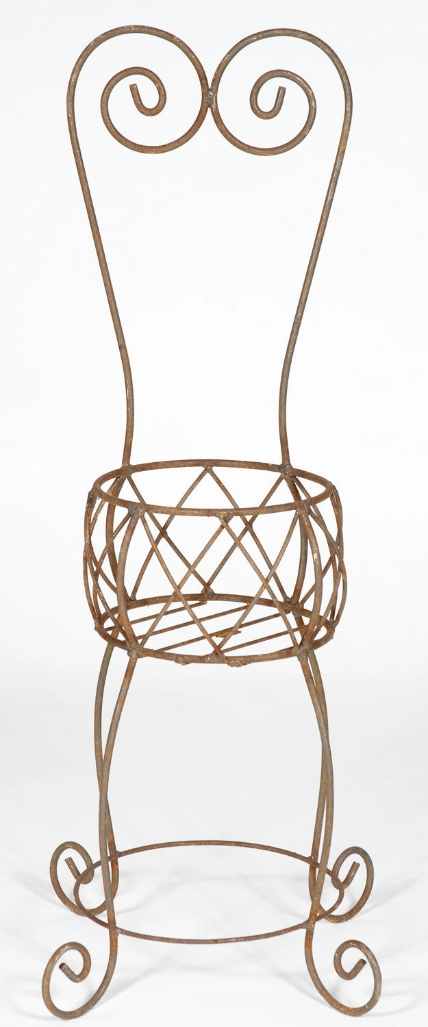 Wrought Iron Chair with Basket Plant Holder with Decorative