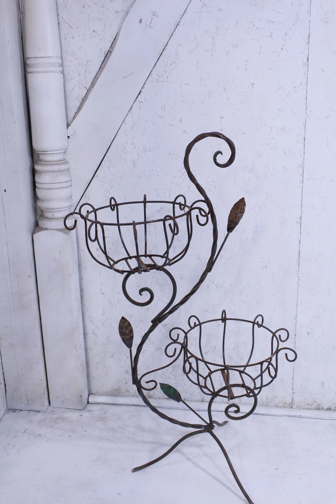 Wrought Iron Twisted Two Tier Basket Stand with Leaves cactus succulent plant  