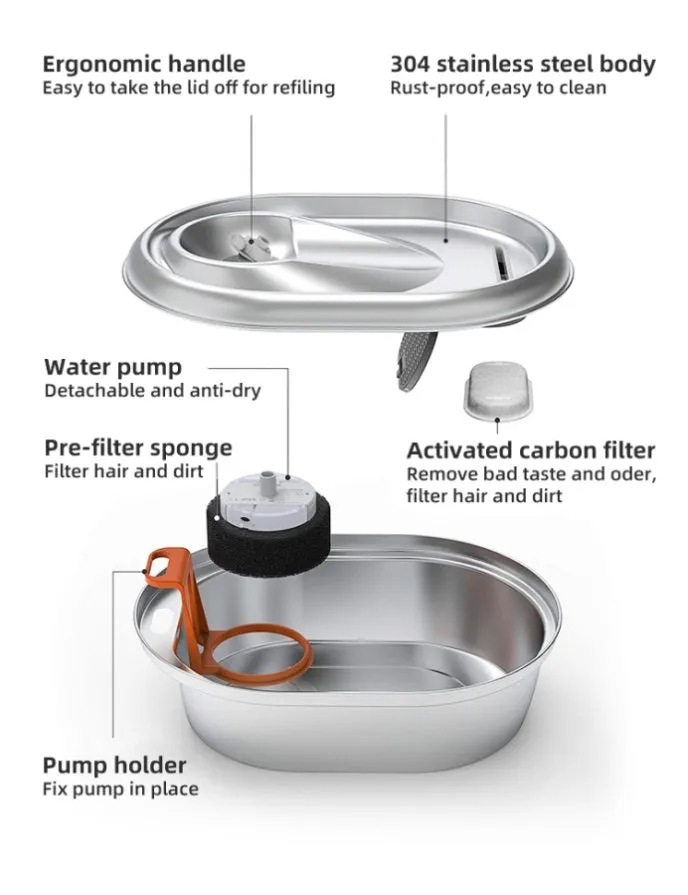 YES4PETS 2L Automatic Electric Pet Water Fountain Dog Cat Stainless Steel Feeder Bowl Dispenser V278-PWS-111-0015