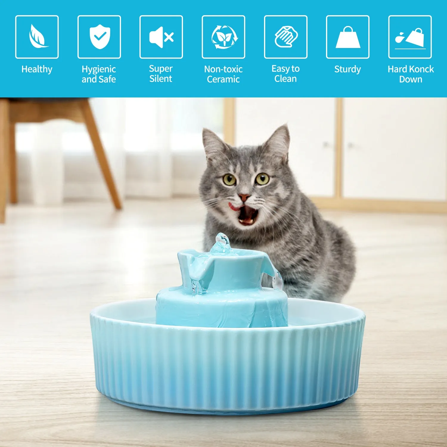 YES4PETS Blue Ceramic Electric Pet Water Fountain Dog Cat Water Feeder Bowl Dispenser V278-PWC-101-BLUE