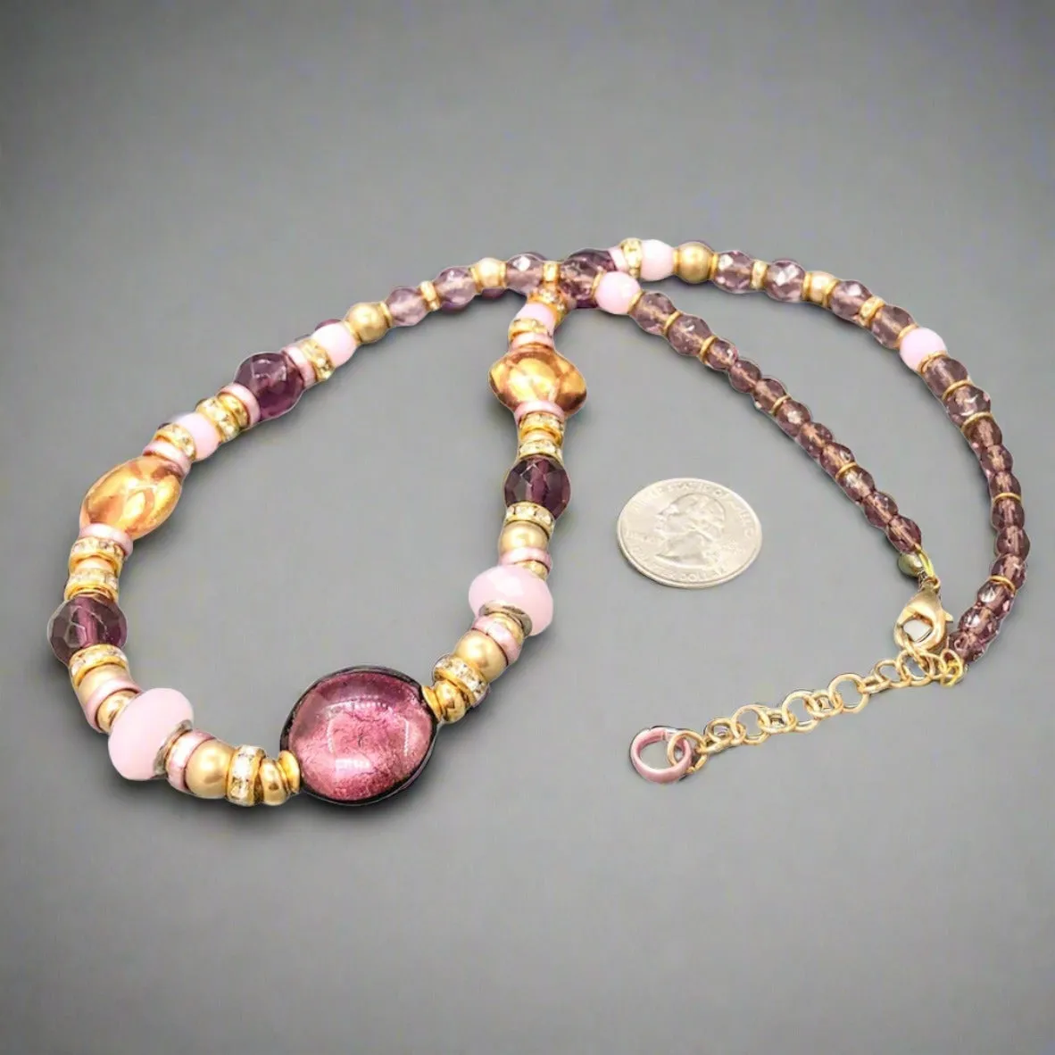 YGP Stainless Burgundy, Golden tone & Pink Murano Glass Beaded Necklace