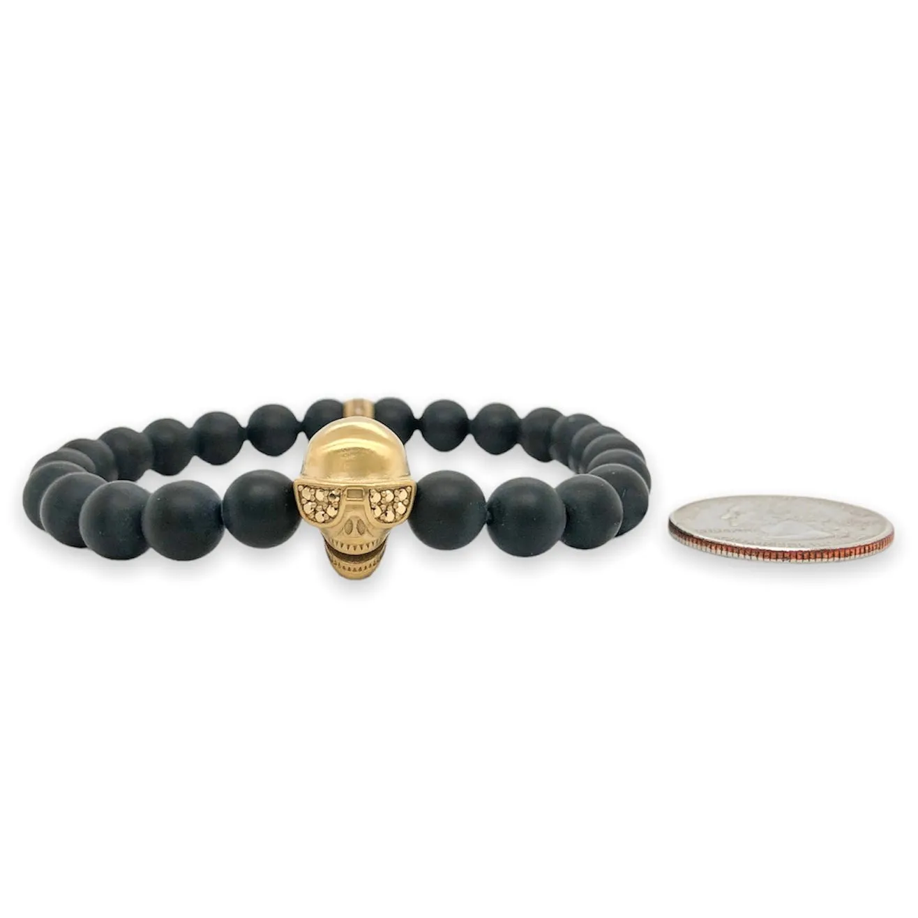 YGP Stainless CZ Skull & Onyx Stretch Bead Bracelet