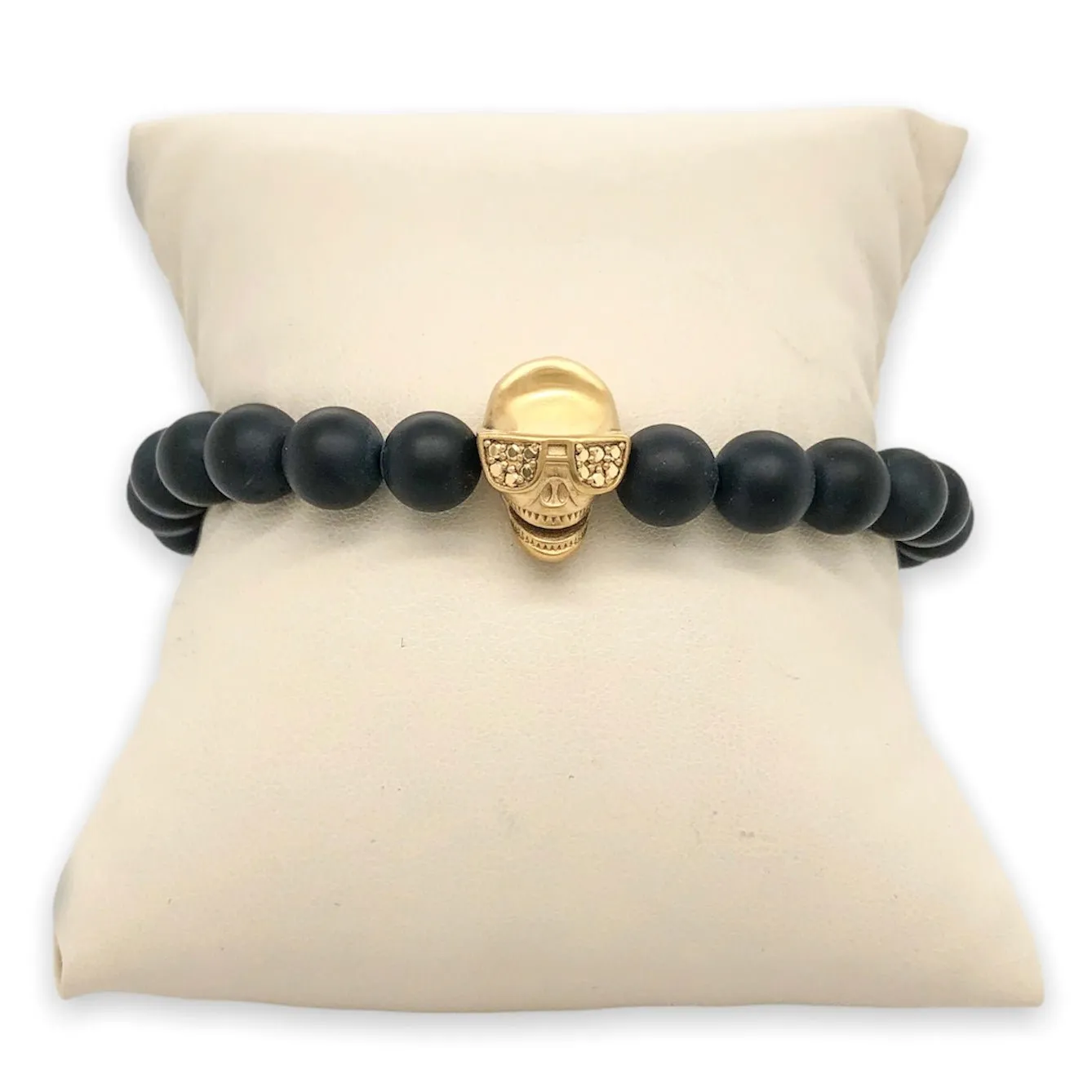 YGP Stainless CZ Skull & Onyx Stretch Bead Bracelet